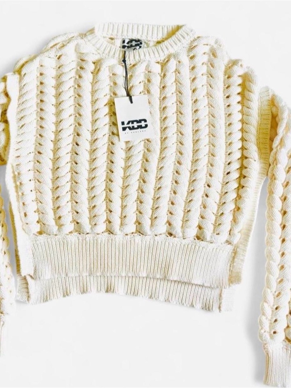 KBB by Kahlana Cream Cable Knit Open Knit Cropped Sweater Size S NWT